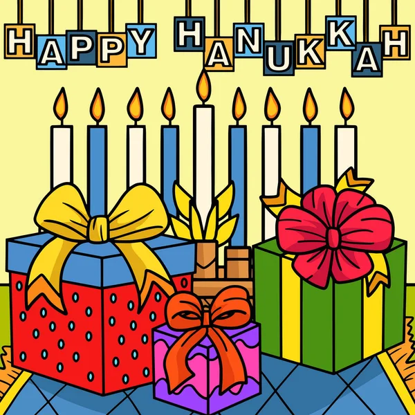 Ten Klipart Kreskówki Pokazuje Happy Hanukkah Prezenty Ilustracji Menorah — Wektor stockowy