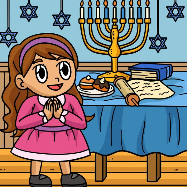 この漫画のクリップは Menorahイラストで祈るHanukka女の子を示しています — ストックベクタ