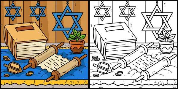 Αυτή Σελίδα Χρωματισμού Δείχνει Ένα Hanukkah Torah Κύλιση Και Βιβλίο — Διανυσματικό Αρχείο