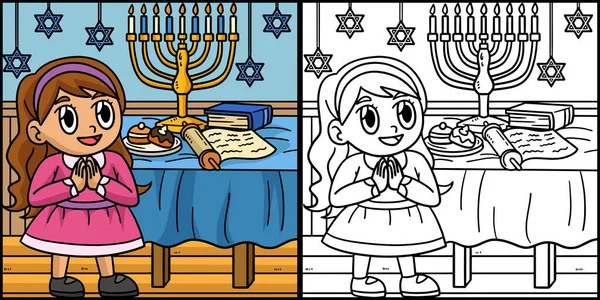 这个彩色的页面显示了一个光明节女孩与Menorah祈祷 这个例子的一面是彩色的 对孩子们是一种启发 — 图库矢量图片