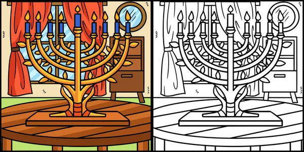 この着色ページには Hanukka Menorahが表示されます このイラストの片側は着色されており 子供のためのインスピレーションとして機能します — ストックベクタ