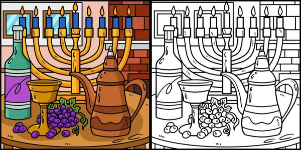 这个着色页显示了一个Hanukkah粉笔和油瓶 这个例子的一面是彩色的 对孩子们是一种启发 — 图库矢量图片