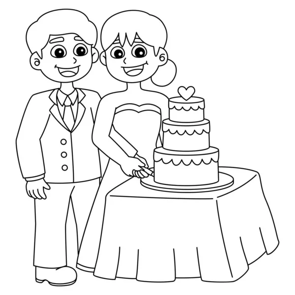 Bir Düğün Damadının Sevimli Komik Renkli Sayfası Pastayı Gelin Kesiyor — Stok Vektör