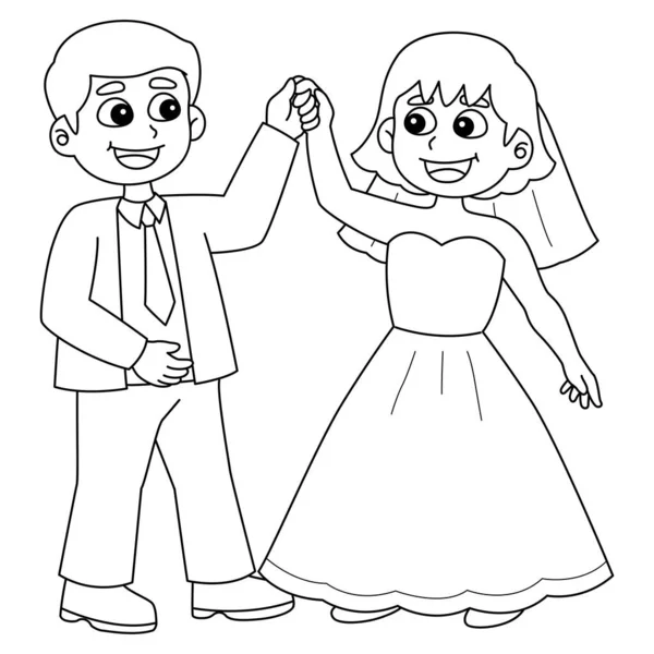 Uma Página Colorir Bonito Engraçado Casamento Groom Bride Dançando Fornece —  Vetores de Stock