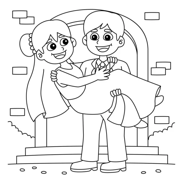 Una Página Para Colorear Lindo Divertido Novio Boda Llevando Novia — Vector de stock