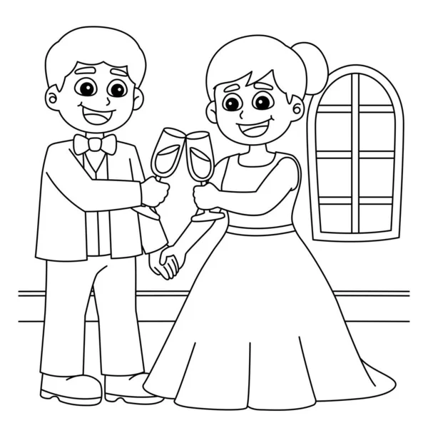 Una Pagina Colorare Carino Divertente Matrimonio Sposo Sposa Brindisi Fornisce — Vettoriale Stock