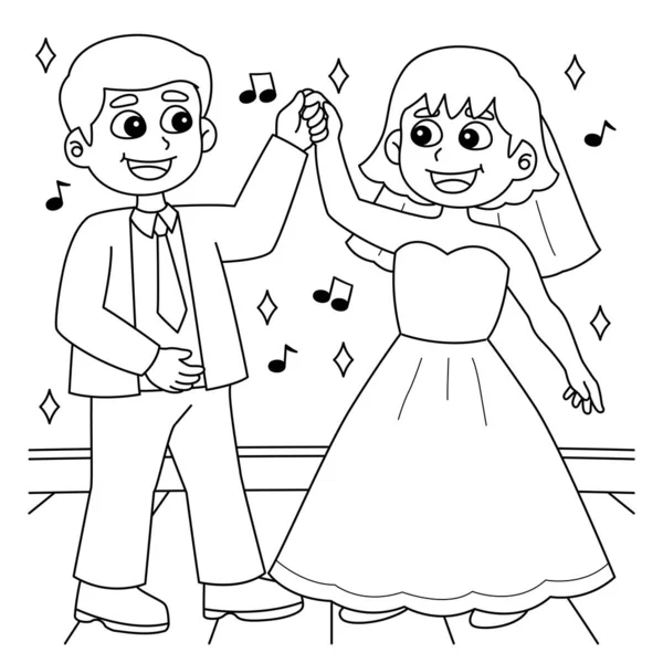 Una Página Para Colorear Lindo Divertido Novio Boda Novia Bailando — Vector de stock