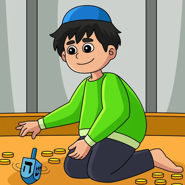 Cartoon Clipart Shows Hanukkah Boy Playing Dreidel Illustration — Stock Vector