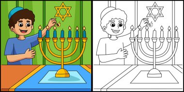 Bu boyama sayfası Menorah 'ı aydınlatan Hanuka Çocuğu' nu gösteriyor. Bu illüstrasyonun bir tarafı renkli ve çocuklar için bir ilham kaynağı..