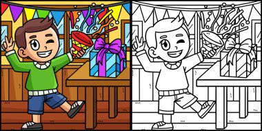 Bu boyama sayfasında Yeni Yıl Çocuk Patlayan Konfeti 'si var. Bu illüstrasyonun bir tarafı renkli ve çocuklar için bir ilham kaynağı..