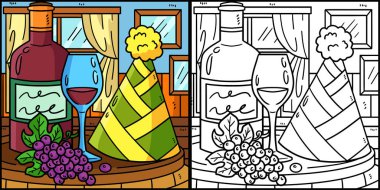 Bu boyama sayfasında Yeni Yıl Şarap ve Parti Şapkası var. Bu illüstrasyonun bir tarafı renkli ve çocuklar için bir ilham kaynağı..