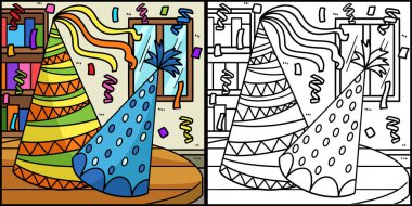 Bu boyama sayfası yeni yıl partisi şapkasını gösteriyor. Bu illüstrasyonun bir tarafı renkli ve çocuklar için bir ilham kaynağı..