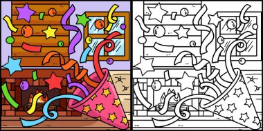 Bu boyama sayfası bir Yeni Yıl Konfeti 'sini gösteriyor. Bu illüstrasyonun bir tarafı renkli ve çocuklar için bir ilham kaynağı..