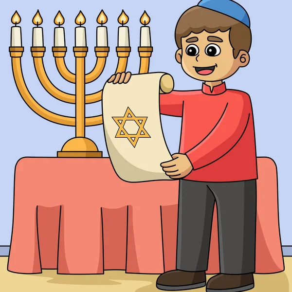 这个卡通片部分展示了一个带有卷轴插图的光明节犹太人 — 图库矢量图片