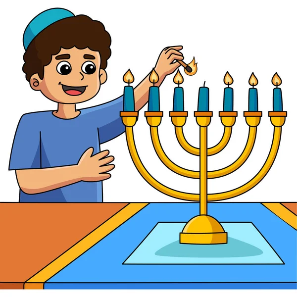 Cartoon Clipart Shows Hanukkah Boy Lighting Menorah Illustration — Stock Vector