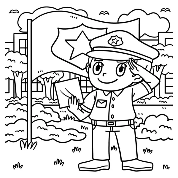 Una Linda Divertida Página Para Colorear Saluting Police Officer Proporciona — Vector de stock