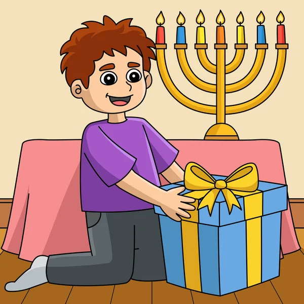 この漫画のクリップは ギフトイラストを持つHanukka男の子を示しています — ストックベクタ