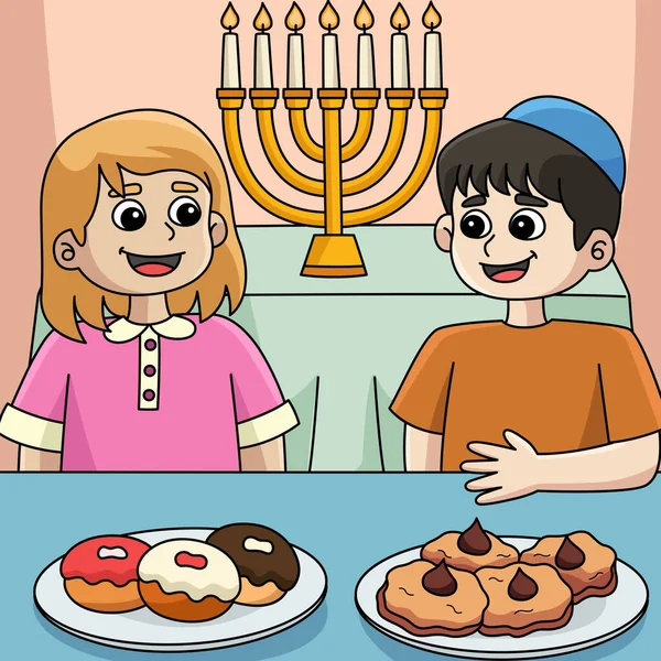 この漫画のクリップは Hanukka男の子と女の子の祭りのイラストを示しています — ストックベクタ