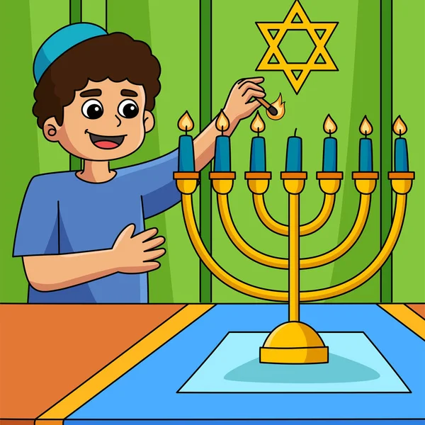 Cartoon Clipart Shows Hanukkah Boy Lighting Menorah Illustration — Stock Vector