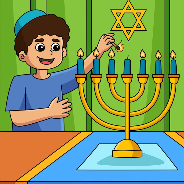 Bu karikatür, Menorah 'ı aydınlatan Hanuka Çocuğu' nu gösteriyor..
