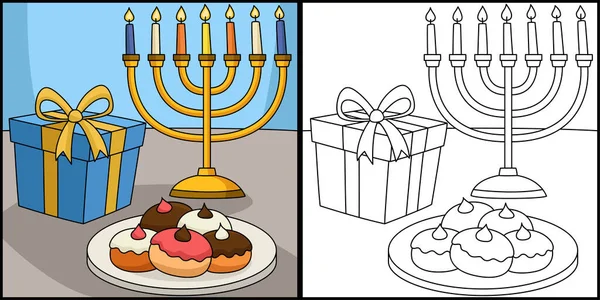 这个彩色的页面显示了一个Hanukkah Sufganiyah礼物 这个例子的一面是彩色的 对孩子们是一种启发 — 图库矢量图片