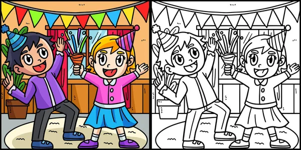 Esta Página Para Colorir Mostra Ano Novo Celebração Crianças Lado — Vetor de Stock