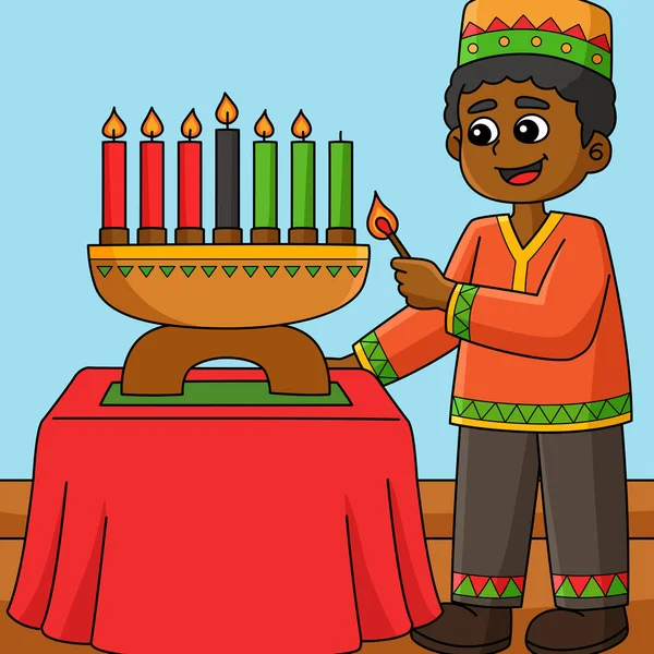这个卡通片部分展示了Kwanzaa Boy Lighting Kinara的插图 — 图库矢量图片