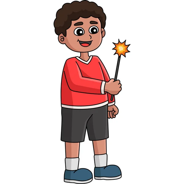 Clipart Dessin Animé Montre Une Illustration Boy Holding Fireworks — Image vectorielle