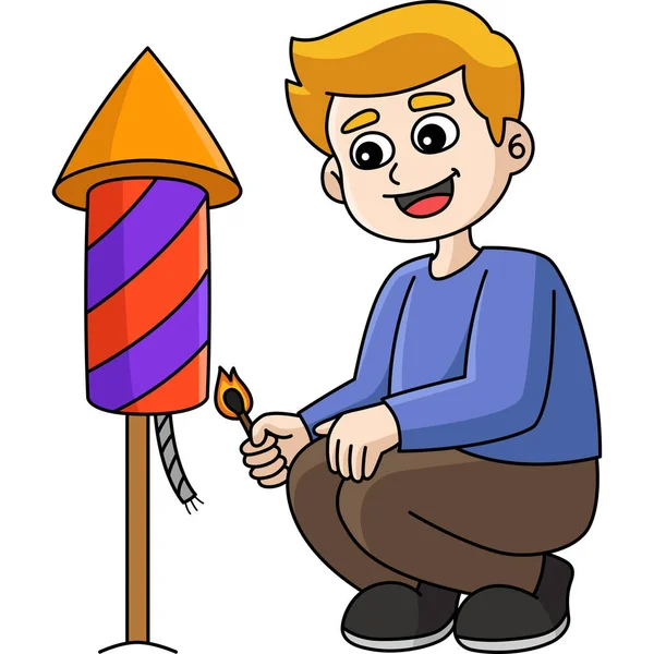 Tento Kreslený Klipart Ukazuje Chlapce Ilustrací Ohňostroje — Stockový vektor