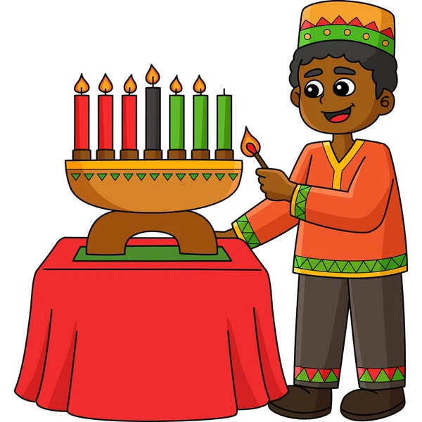 Dieser Cartoon Clip Zeigt Eine Kwanzaa Boy Lighting Kinara Illustration — Stockvektor