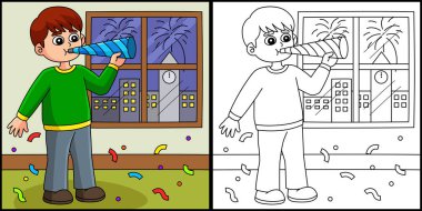 Bu boyama sayfasında yeni yılı kutlayan bir çocuk var. Bu illüstrasyonun bir tarafı renkli ve çocuklar için bir ilham kaynağı..