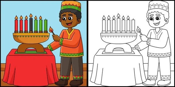 Tato Stránka Zbarvení Ukazuje Kwanzaa Boy Lighting Kinara Jedna Strana — Stockový vektor