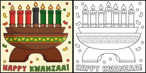 Coloring Page Shows Happy Kwanzaa Kinara One Side Illustration Colored — Stock Vector