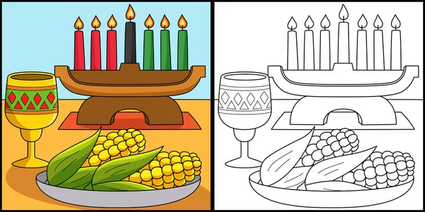 这个彩色页面显示了Kwanzaa玉米和Kinara 这个例子的一面是彩色的 对孩子们是一种启发 — 图库矢量图片