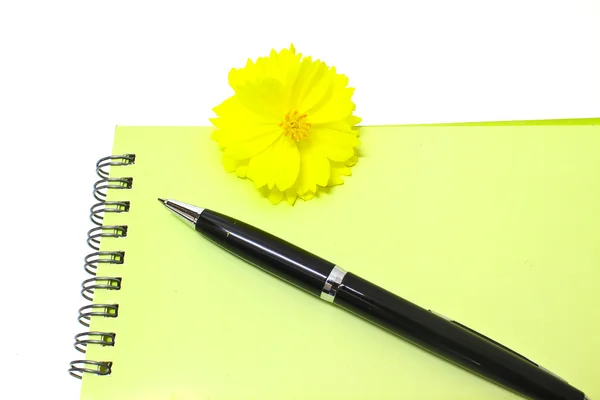 Ручка опирается на блокнот и желтый цветок — стоковое фото