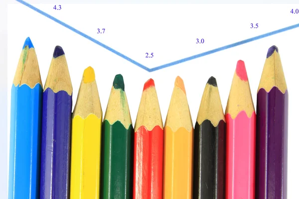 Wykres graficzny kolor kredki, zarobki raport historia — Zdjęcie stockowe