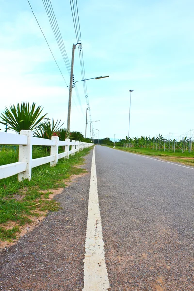 Longa estrada privada, rural ao longo de uma cerca de piquete branco — Fotografia de Stock