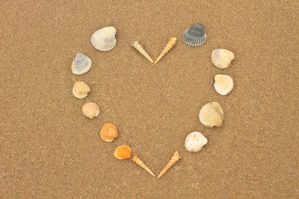 Corazón de amor hecho de conchas en la playa —  Fotos de Stock