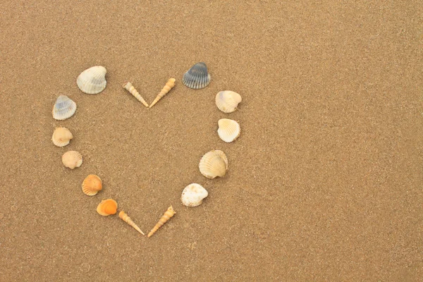 Cuore d'amore fatto di conchiglie sulla spiaggia — Foto Stock