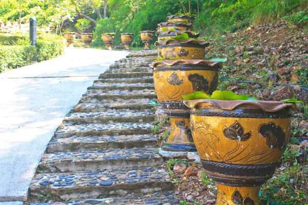 Escalier avec les vases de fleurs de lotus — Photo