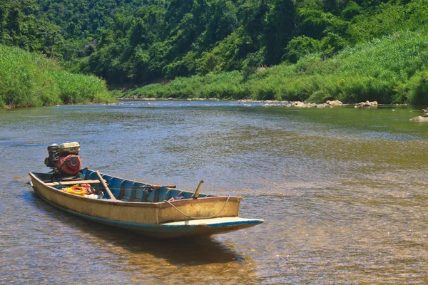 Río en bosque siempreverde con barco — Foto de Stock