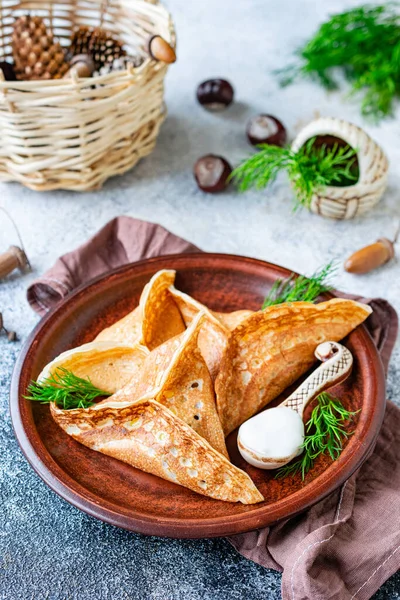 Pancakes Kataef Stuffed Fried Mushrooms Onions Form Triangles — Zdjęcie stockowe