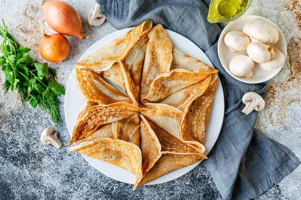 Pancakes Kataef Stuffed Fried Mushrooms Onions Form Triangles — стоковое фото