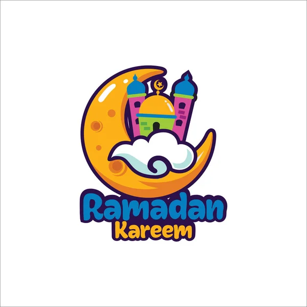 Masjid Berwarna Dan Bulan Sabit Ramadan Desain Logo Kartun - Stok Vektor