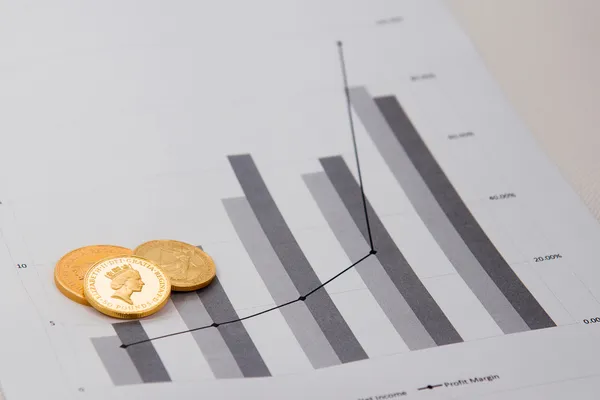 Gold coins on financial chart — Stock Photo, Image