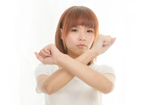 Imagen brillante de la joven mujer asiática haciendo gesto de parada — Foto de Stock