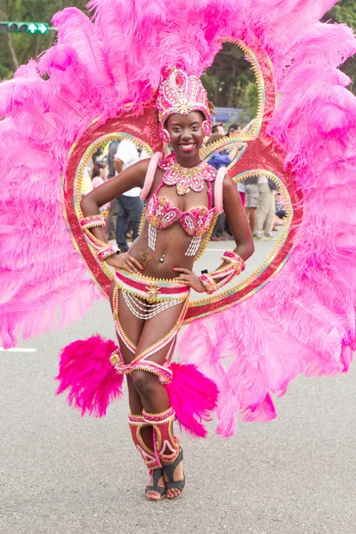 Gekostumeerde feestgangers maart met drijvers in de jaarlijkse droom parade o — Stockfoto