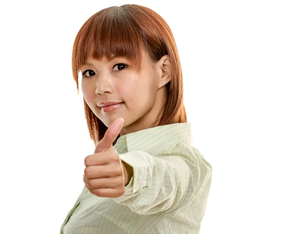 Asiática fêmea em camisa verde com polegares para cima — Fotografia de Stock