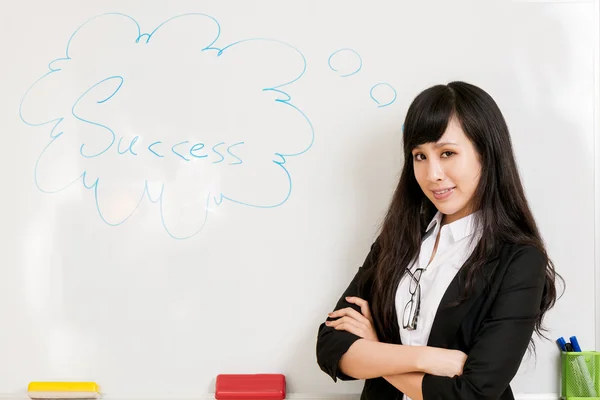 Asian businesswoman at whiteboard — Stock Photo, Image