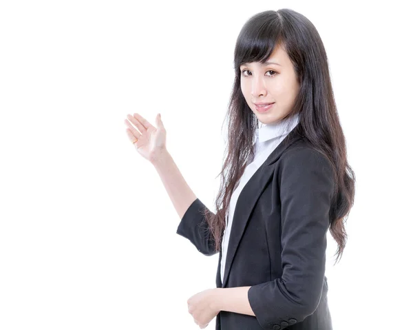 Empresária chinesa mostrando com a mão — Fotografia de Stock